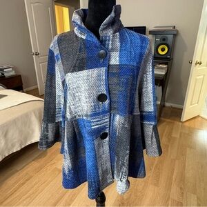 DAMEE Lagenlook Plaid Grid Swing Jacket Statement Buttons Ruffle Sleeve MED